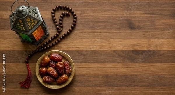 Obraz Ramadan Kareem: Dates, Lantern, and Prayer Beads on Wooden Tabletop