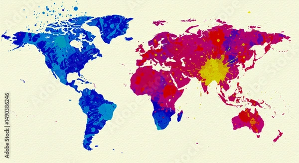 Fototapeta Colorful world map illustration with abstract watercolor style for geography and global themes, Generative AI