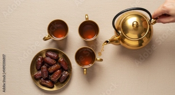Obraz Golden Teapot Pouring Tea into Cups with Dates: Ramadan Iftar Setting
