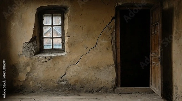 Obraz Dusty, dilapidated interior room with a window and doorway