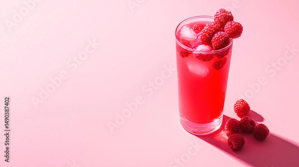 Fototapeta Refreshing raspberry lemonade with ice and fresh raspberries on pink background