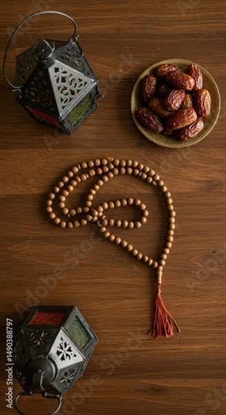 Obraz Ramadan Festive Tabletop Still Life: Dates, Lanterns, and Prayer Beads