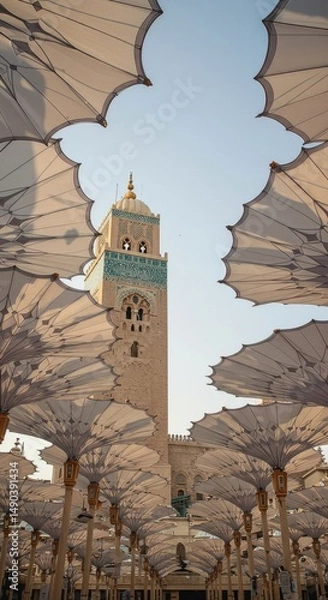 Obraz Majestic Mosque Minaret Viewed Through a Canopy of Umbrellas in the Holy City