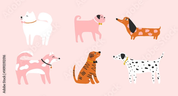 Fototapeta Set cute quirkly dogs. Cartoon dog characters different breeds of dachshund, samoyed, bulldog. Collection of pet animals isolated on background. Vector illustration.