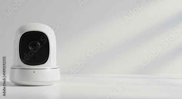 Fototapeta Smart home security camera on a white surface with soft lighting  