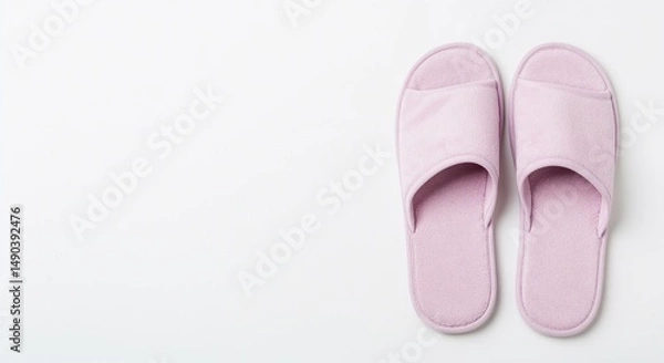 Fototapeta Pink slippers placed on a white background for cozy home environment  