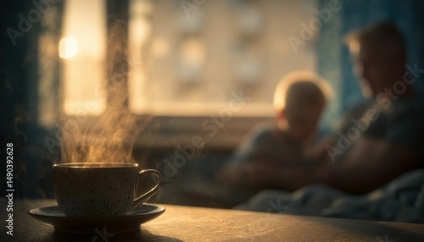 Fototapeta Warm morning coffee rituals with family cozy home setting lifestyle scene intimate atmosphere soft focus