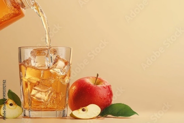 Fototapeta iced apple juice being poured into glass with ice cubes and apples on beige background