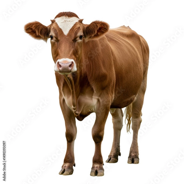 Fototapeta Standing brown and white cow front view isolated on transparent  background
