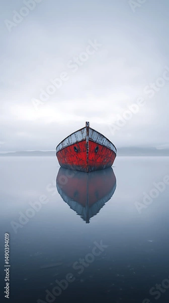 Fototapeta Red boat with calm lake, and misty day.