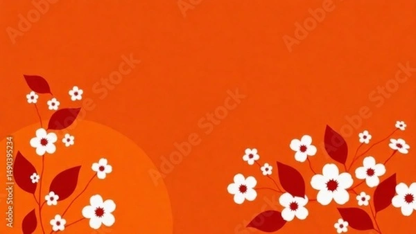 Fototapeta Vibrant red background with elegant white floral patterns and dark red leaves. Festive, Asian-inspired, and decorative design.