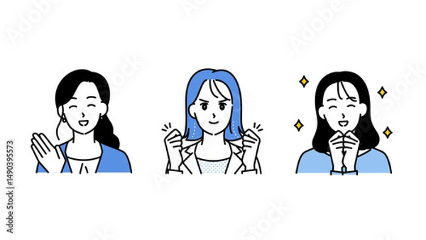 Obraz モチベーションと笑顔あふれるビジネス女性3人のイラストセットB