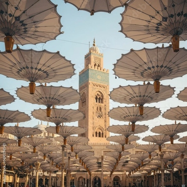 Obraz Majestic Mosque Minaret under a Canopy of Umbrellas in a Sunny Day in the City
