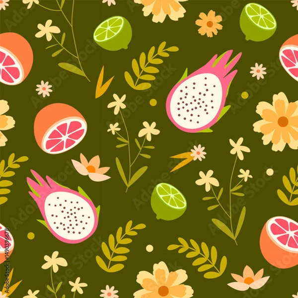 Obraz Tropical pattern with exotic fruits, flowers, leaves on an olive background. Suitable for decorating textiles, eco-bags, notebooks, book covers, cosmetics packaging, bedding, and kitchen towels.