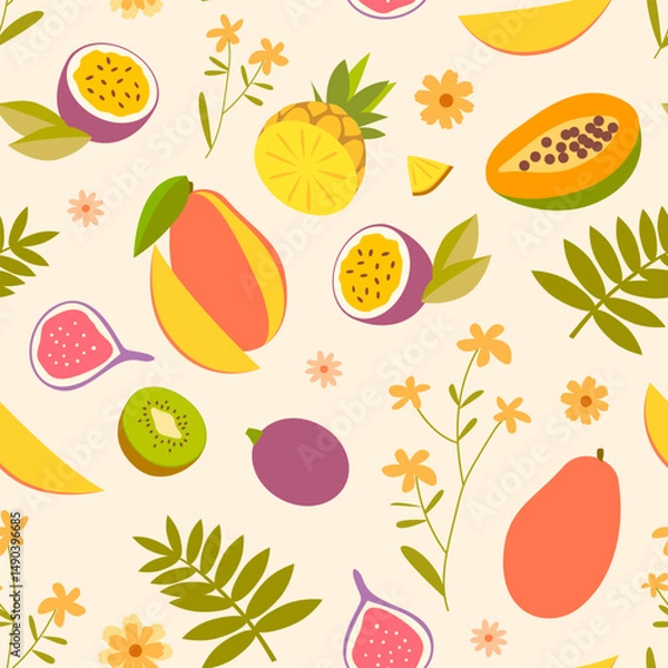 Obraz Tropical pattern with exotic fruits and flowers on  a pastel background. Suitable for summer clothing, beach accessories, home textiles, cosmetics packaging, stationery, postcards, and web design.