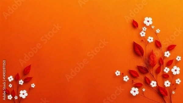 Fototapeta Vibrant red background with elegant white floral patterns and dark red leaves. Festive, Asian-inspired, and decorative design.