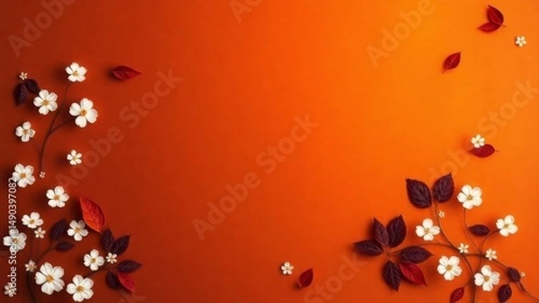 Fototapeta Vibrant red background with elegant white floral patterns and dark red leaves. Festive, Asian-inspired, and decorative design.