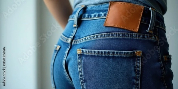 Obraz Close-up view of the back pockets of stylish denim jeans featuring a unique leather patch detail, showcasing the texture and stitching of the fabric