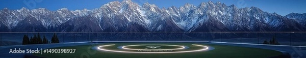Fototapeta Luxurious Rooftop Helipad: Illuminated Circular Landing Zone with Glass Railings at Blue Hour. Aerial View of Exclusive Hotel Amenity Overlooking Golf Course and Snow-Capped Mountains
