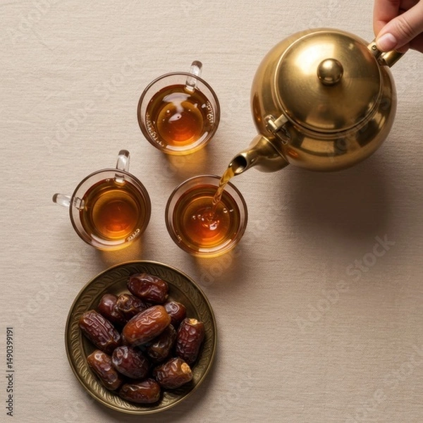 Obraz Golden Teapot Pouring Tea into Cups with Dates; Ramadan Festive Beverage