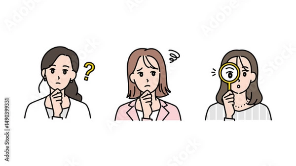 Obraz 疑問・考察・調査する女性3人のビジネスイラストセットA2