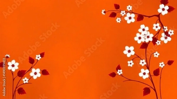 Fototapeta Vibrant red background with elegant white floral patterns and dark red leaves. Festive, Asian-inspired, and decorative design.