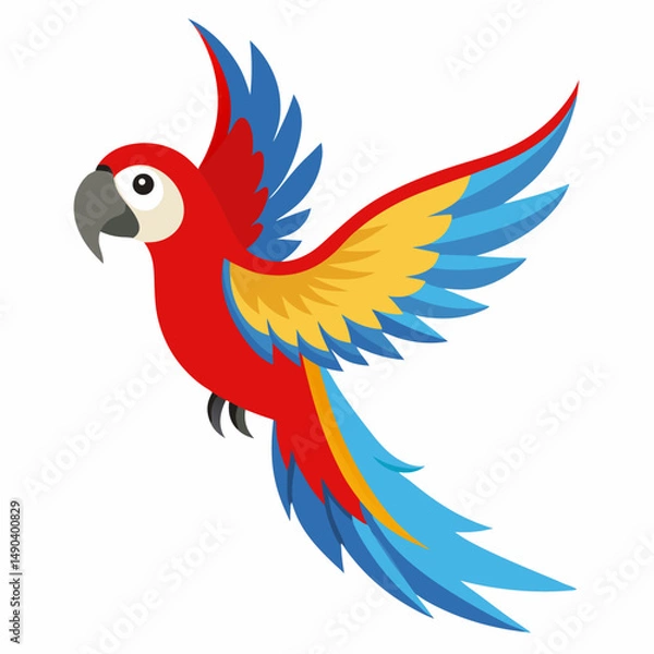 Fototapeta Cute cartoon flying colorful macaw parrot isolated on white background. Suitable for educational poster, logo, children's books and encyclopedias. Children's picture. Vector illustration.Side view	