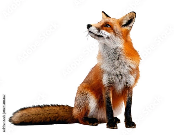 Fototapeta Fox, sitting and gazing upward, appears separated on a pure white background—natural, clean, and ideal for creative design, presentations, posters, educational use, or wildlife-themed visual content a