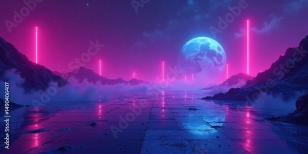 Obraz Synthwave Dreamscape A Futuristic Landscape with Glowing Pillars and a Celestial Body