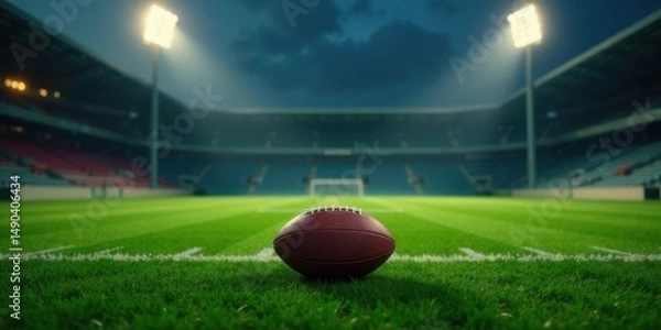 Obraz A solitary ball rests on the well-maintained turf of a stadium under the glow of stadium lights at twilight.