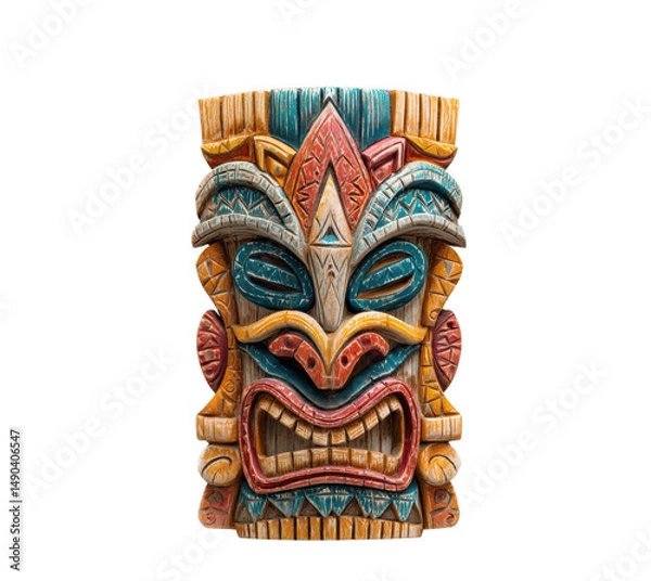 Obraz Vibrant tiki mask carving for tropical decor and parties on a transparent background, cut out
