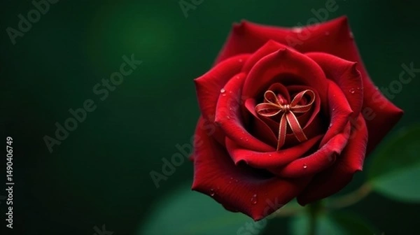 Obraz A Deep Red Rose with a Delicate Gold Bow Hidden Within Its Petals, a Symbol of Secret Affection and Hidden Treasure