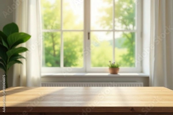 Obraz Sunlit Wooden Tabletop Against a Bright Window with Lush Greenery