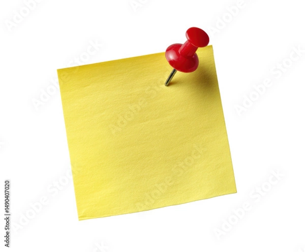 Obraz Yellow sticky note with red push pin for reminders on a transparent background, cut out