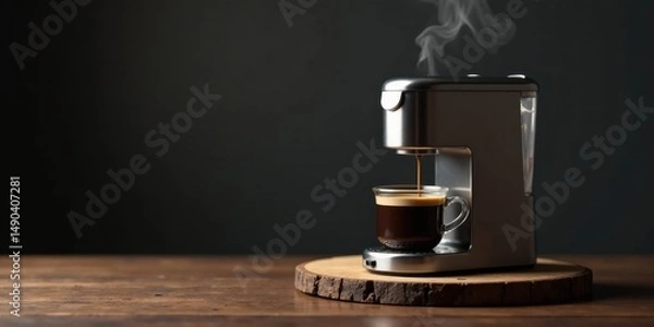 Obraz Modern espresso machine brewing rich dark coffee into a small glass on a rustic wooden surface