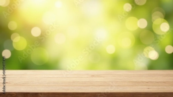 Obraz Wooden Tabletop Against a Blurred Green and Yellow Background, Ideal for Product Displays and Nature-Themed Designs