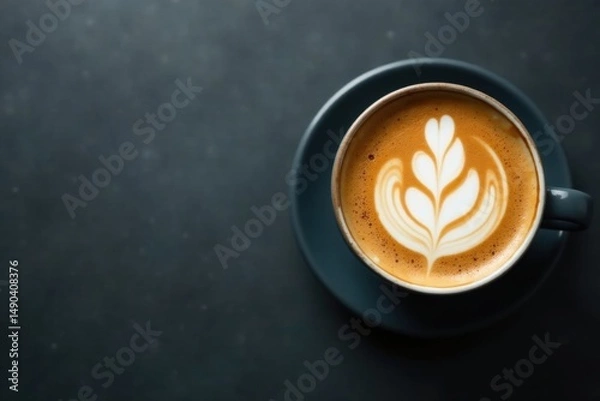 Obraz Aromatic Coffee with Intricate Latte Art in a Ceramic Mug on a Dark Surface