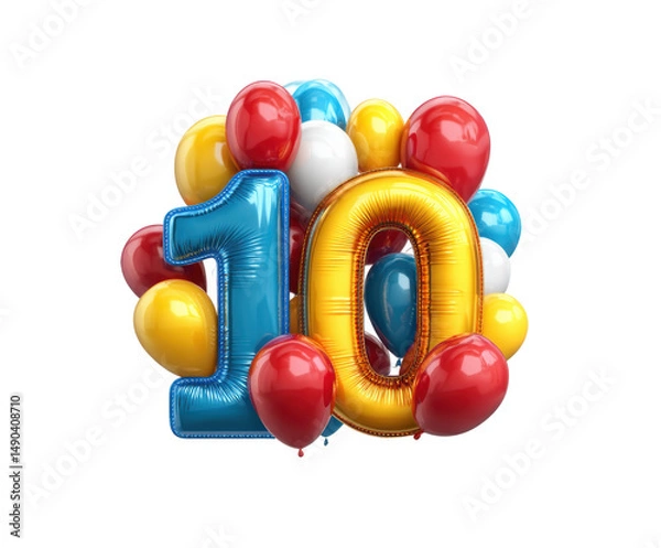 Obraz A vibrant arrangement of colorful balloons surrounds large number ten on a transparent background, cut out