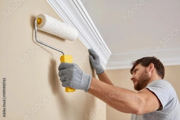 Obraz Man painting wall with roller, near ceiling molding, beige background.