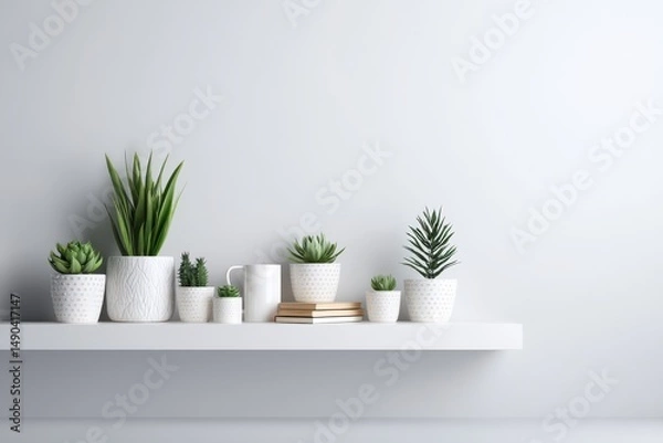 Fototapeta Aesthetic Arrangement of Modern Indoor Plants in Minimalist White Pots on a Simple Shelf Against a Soft Grey Background for a Contemporary Home Decor