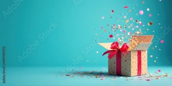 Obraz A Festive Gift Box Unveiling with Sparkling Confetti Explosion on a Vibrant Blue Background
