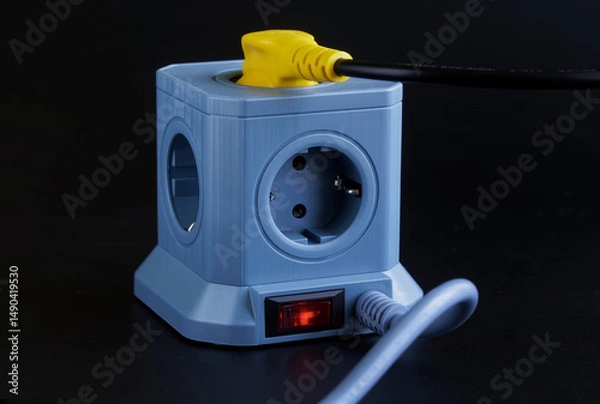 Fototapeta A blue cubic power strip on a black background with four euro sockets, an illuminated red switch, and a yellow plug inserted, ideal for organizing and powering multiple home or office electronics