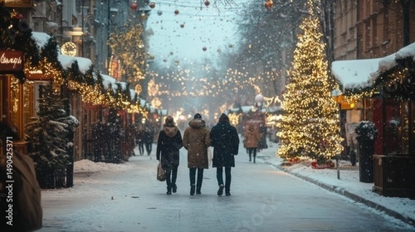 Obraz People Walking Down Snowy Pedestrian Street Decorated with Christmas Lights and Trees