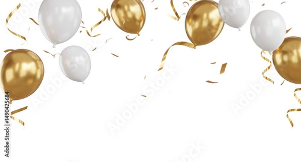 Fototapeta 3D render of Golden Balloons and Confetti with Celebration banner.