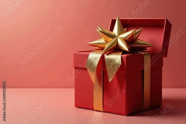 Obraz A Crimson Gift Box Adorned with a Sparkling Gold Bow, Awaiting its Moment of Unwrapping