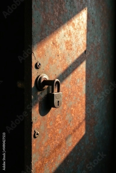 Obraz Rustic Padlock Securing a Weathered Metal Door in Sunlight's Embrace