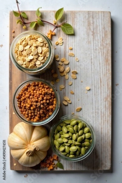 Obraz Autumnal Harvest Rolled Oats, Spiced Seeds, and a Small Gourd on a Rustic Wooden Board