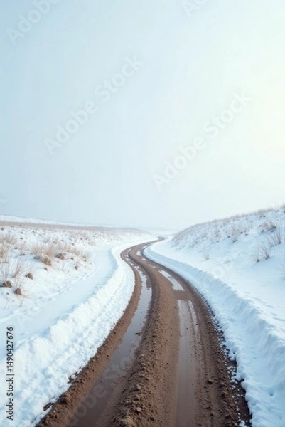 Obraz A Winding, Muddy Road Through a Snowy, Winter Landscape Under a Pale Sky