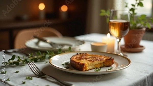 Obraz Aromatic Baked Dish Served on Elegant Table Setting with Candles and Wine