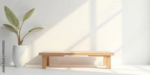Obraz Minimalist interior scene featuring a simple wooden bench and a potted plant bathed in sunlight